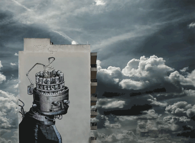 GIF Kunst von A. L. Crego. Roboter Graffiti auf einem Hochhaus bewegt sich