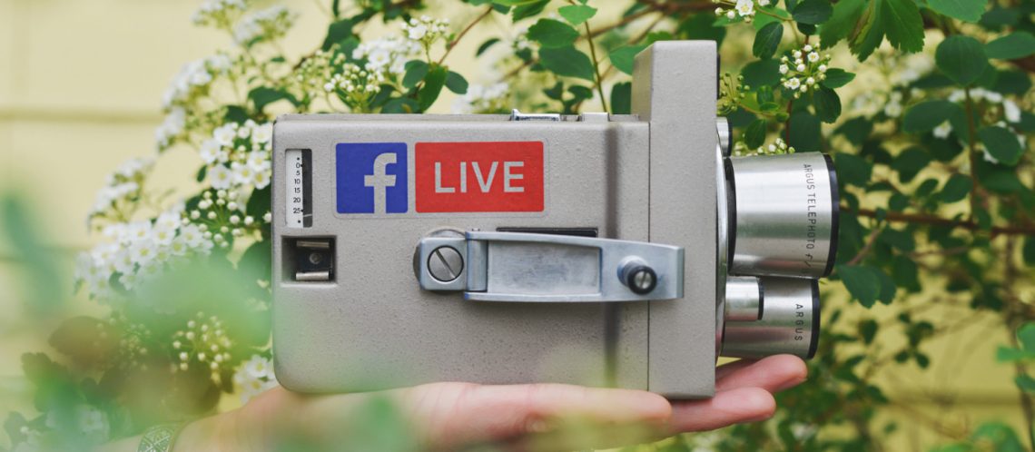 Digitaler Wahlkampf: Analog-Kamera mit Facebook Logo und Live Aufschrift vor dem Hintergrund der Natur